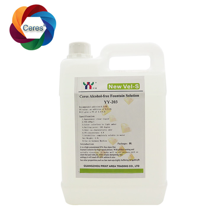 4.5ph 5.5ph Solusi air mancur bebas alkohol Offset Printing Chemicals UV Printer Varnish