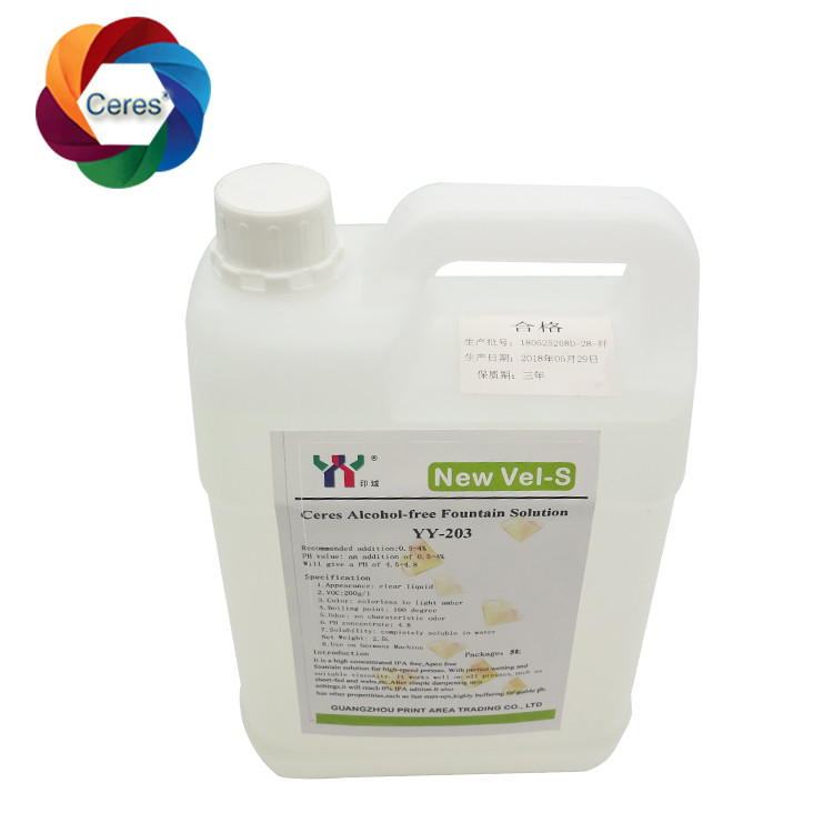 4.5ph 5.5ph Solusi air mancur bebas alkohol Offset Printing Chemicals UV Printer Varnish